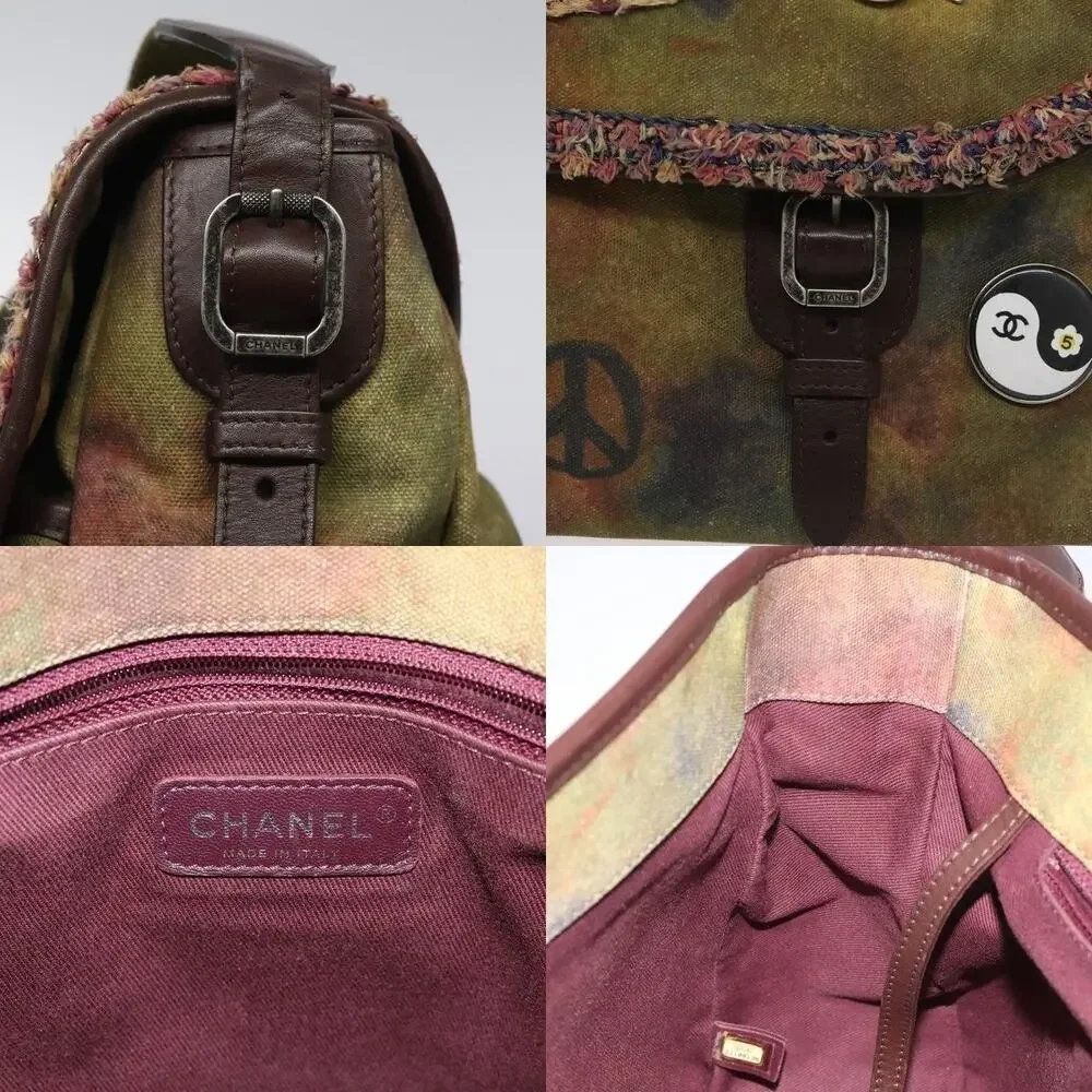 Chanel Embroidery Graffiti CC Canvas Leather Shoulder Bag Khaki